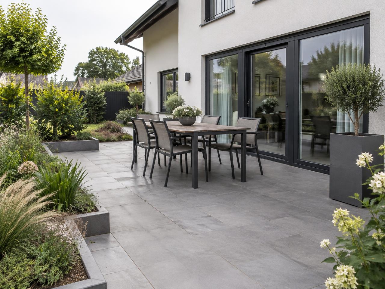 Natursteinterrasse mit Gartenmöbeln an einem Wohnhaus
