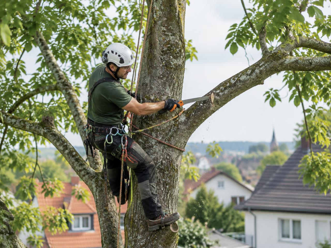 Baumpfleger mit Sicherheitsausrüstung bei Arbeiten in einer Baumkrone