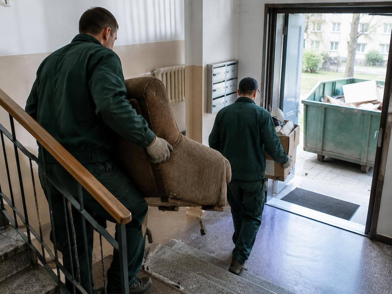 Zwei Mitarbeiter tragen Möbel und Kartons aus einer Wohnung zu einem Container