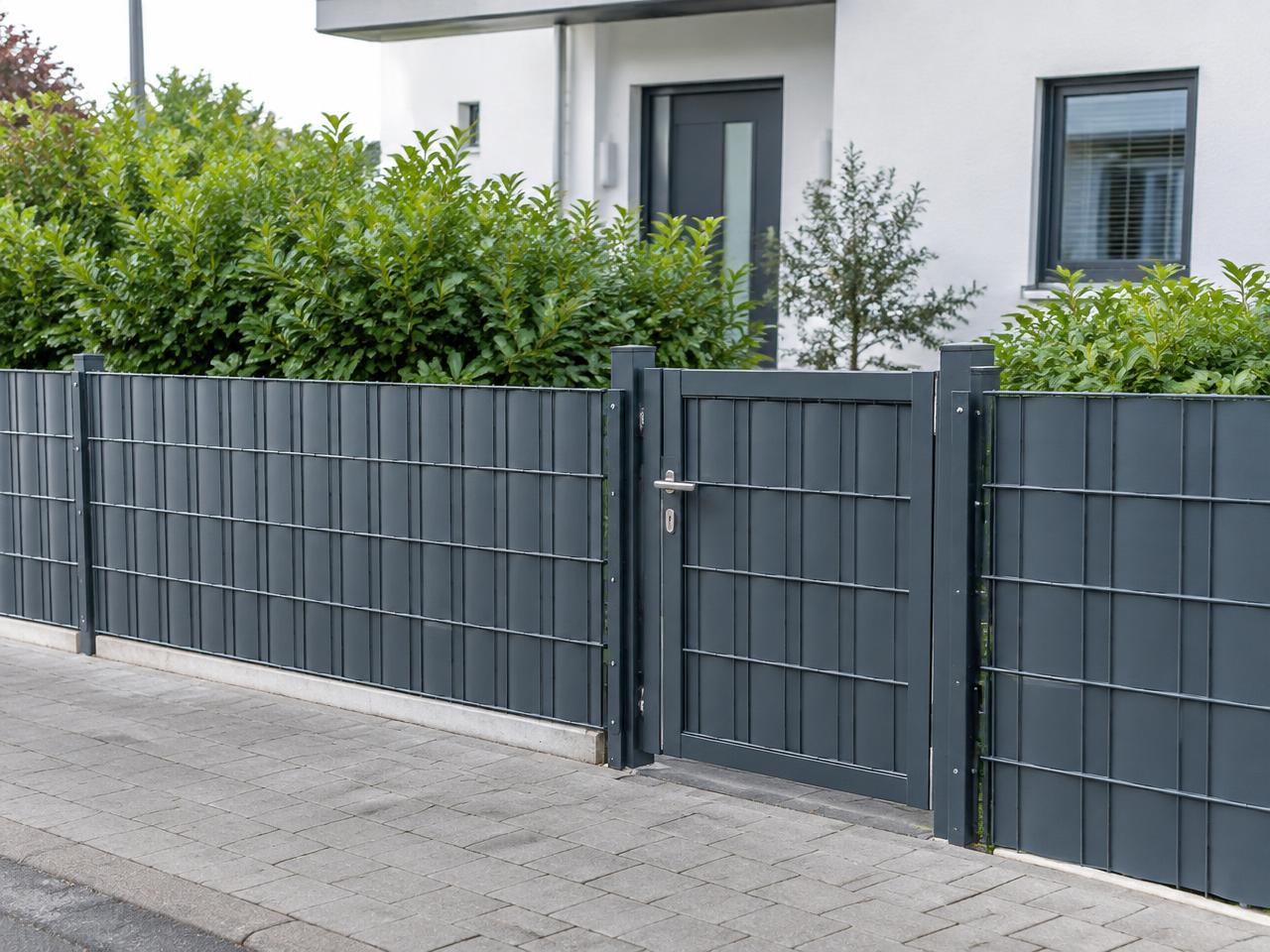 Moderner anthrazitfarbener Metallzaun mit Gartentor