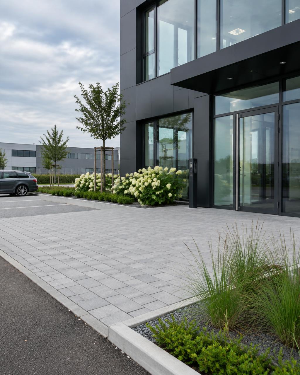 Außenanlage eines modernen Gewerbegebäudes mit gepflasterten Flächen