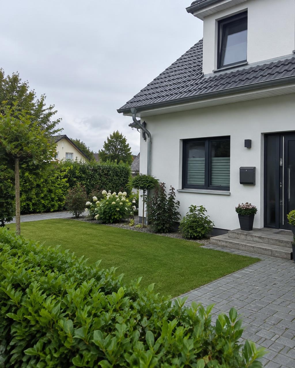 Vorgarten eines Einfamilienhauses mit gepflegtem Rasen und Weg